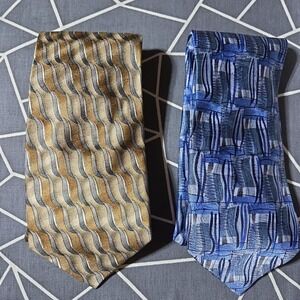 Lot of 2 J. Garcia Silk Ties Cool Breeze Landscape with Eye Gold Blue Abstract